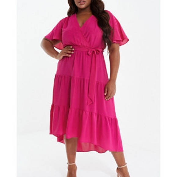 Quiz Crepe Maroon Tiered Wrap Dip Hem Dress Ruffle Cap Sleeve US 12 Whimsigoth - Picture 4 of 13